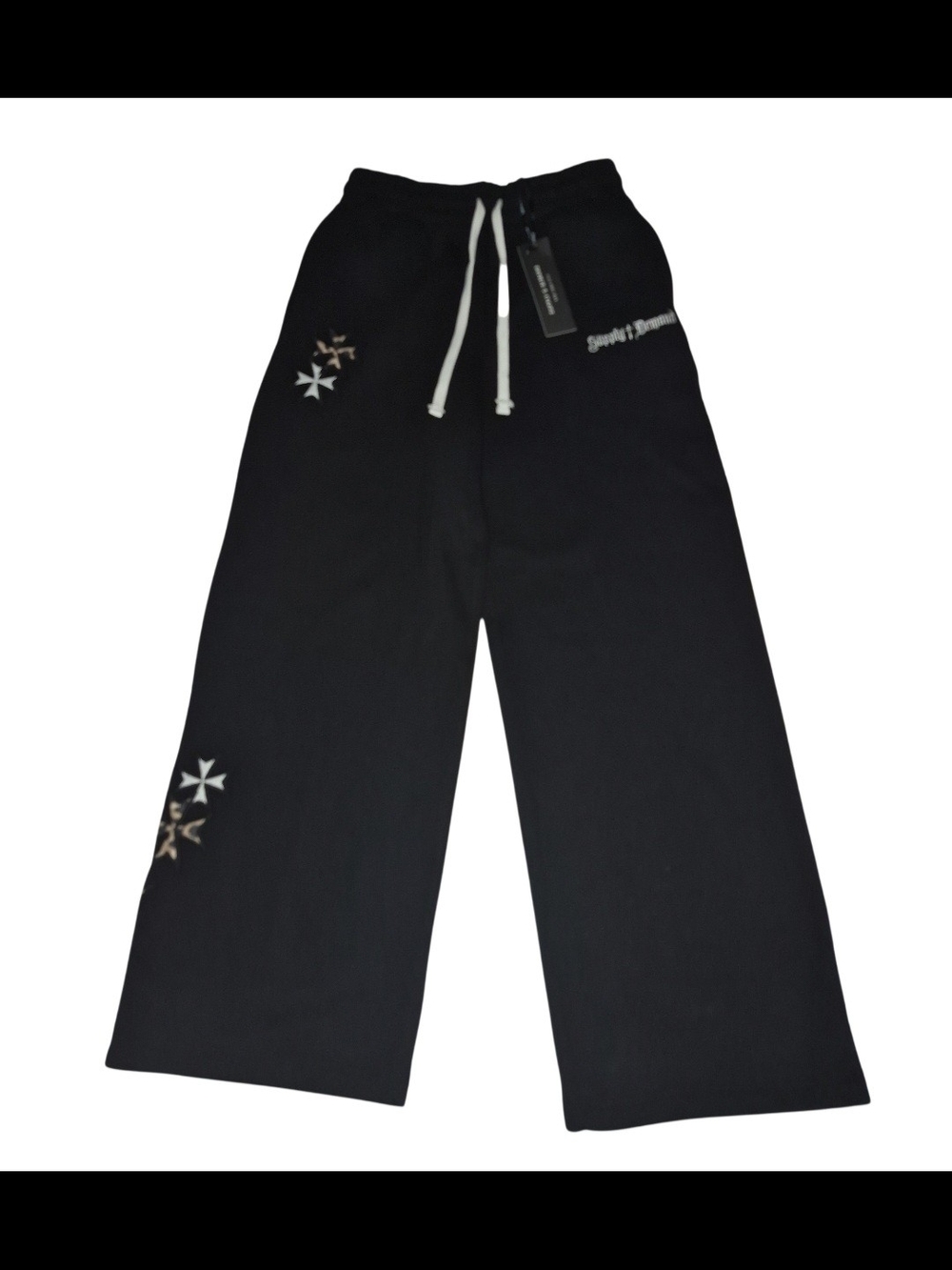 Black Wide-Leg Sweatpants with White Drawstring - Picture 3 of 6